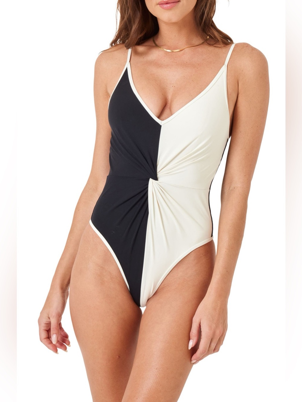 L*Space Devi Colorblock Twist Front One-Piece Swimsuit Large Black/Cream Swim